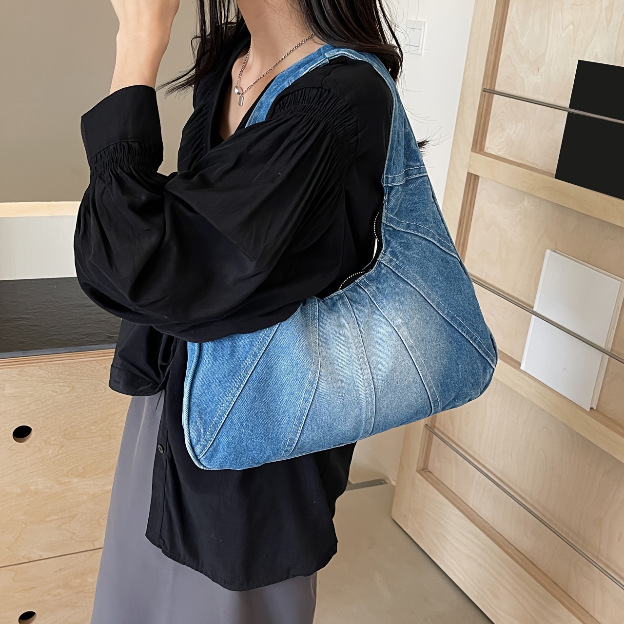 Elegant Crescent-Shaped Denim Shoulder Bag for Women