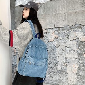 Large Capacity Retro Double Shoulder Bag Casual Solid Color College Backpack Cute Travel Bag