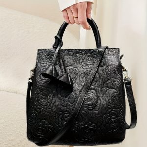 Light Luxury And Elegant Vintage Women'S Floral Handbag with Large Capacity, Fashionable Vegan Faux Leather Tote Bag