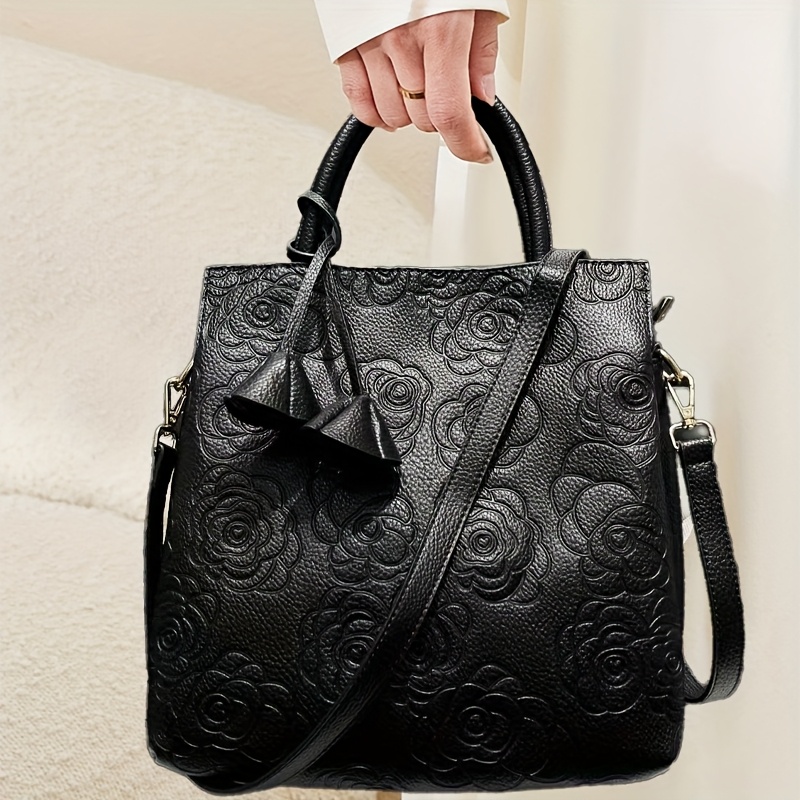 Light Luxury And Elegant Vintage Women’S Floral Handbag with Large Capacity, Fashionable Vegan Faux Leather Tote Bag