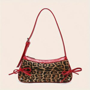 A Women's Leopard Print Y2K Bow Lightweight Fashionable Versatile Underarm Shoulder Bag