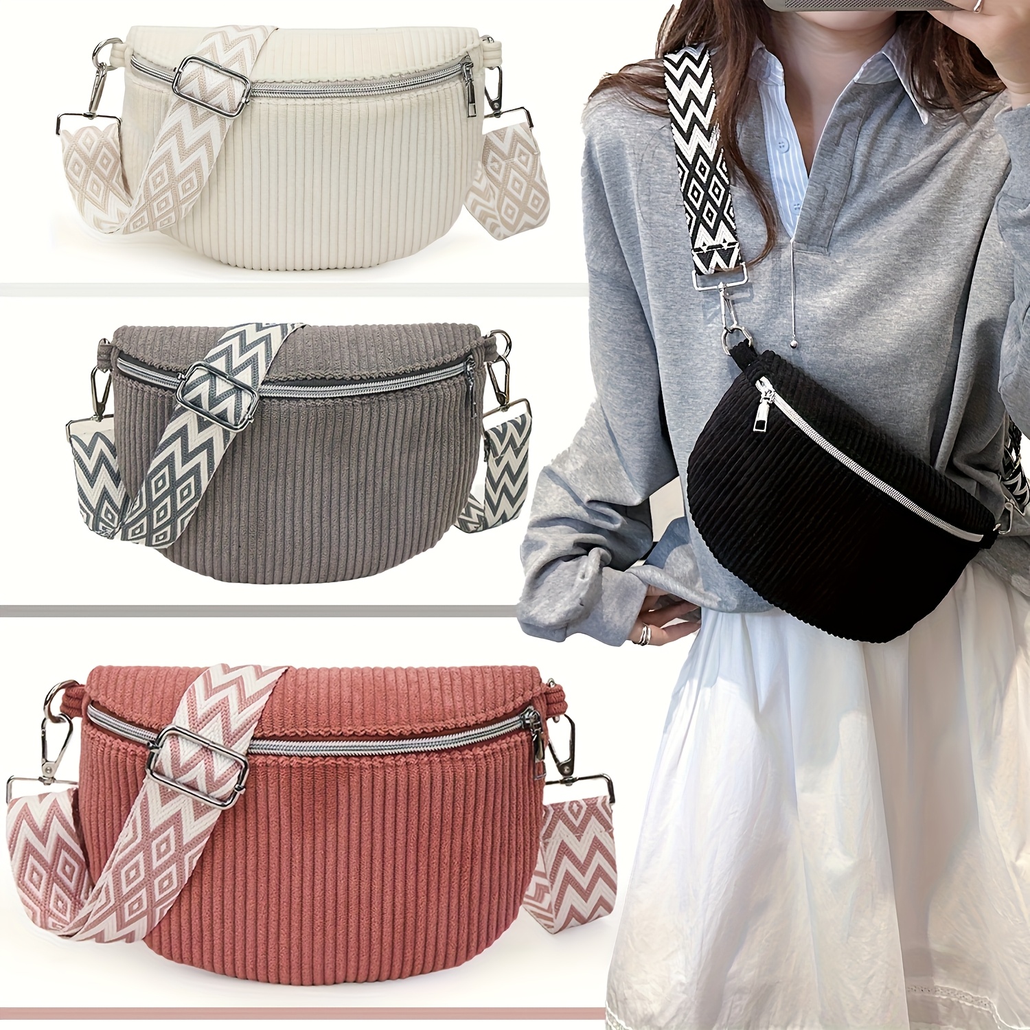 Women’s Corduroy Belt Bag with Adjustable Strap & Zipper Closure