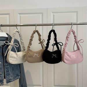 An Elegant Corduroy Single-shoulder Bag. Bow Embroidery Accessory